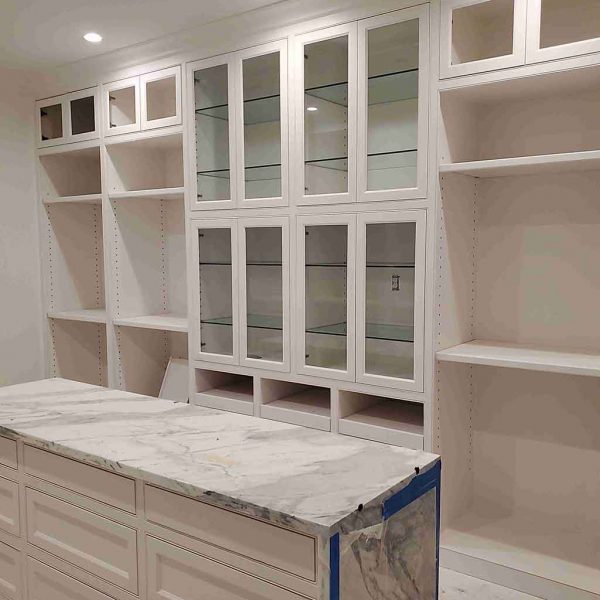 A huge shelves installed in the kitchen area