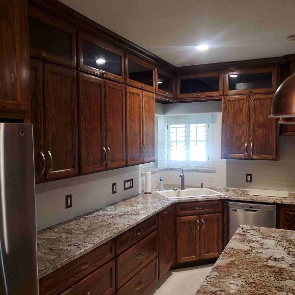 A wooden furniture in kitchen area