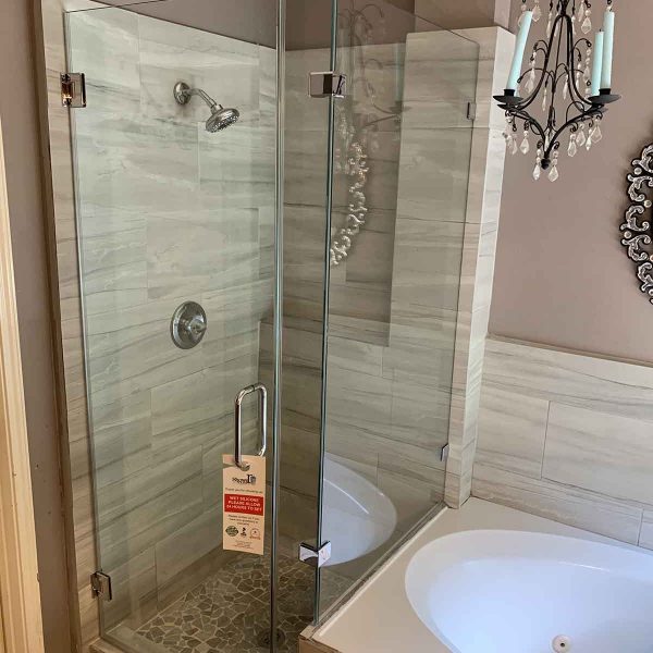 A luxury shower area with candelier